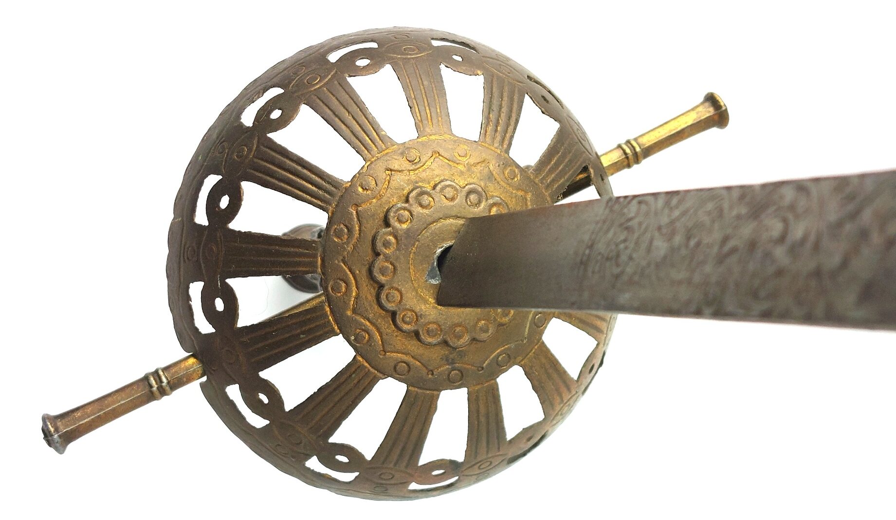 European, late 19th century, Renaissance Revival Decorative Cup-Hilt Rapier, Figural Grip, Etched Blade (17)