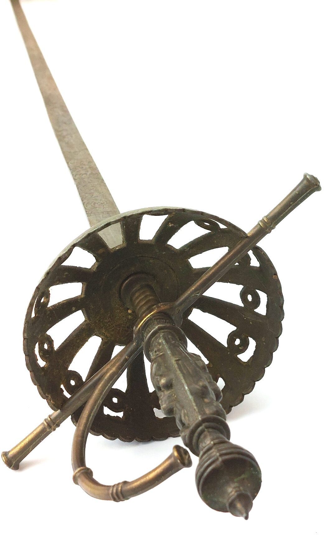 European, late 19th century, Renaissance Revival Decorative Cup-Hilt Rapier, Figural Grip, Etched Blade (18)