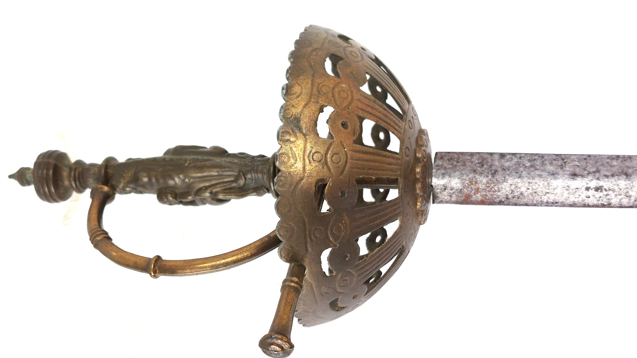 European, late 19th century, Renaissance Revival Decorative Cup-Hilt Rapier, Figural Grip, Etched Blade (2)