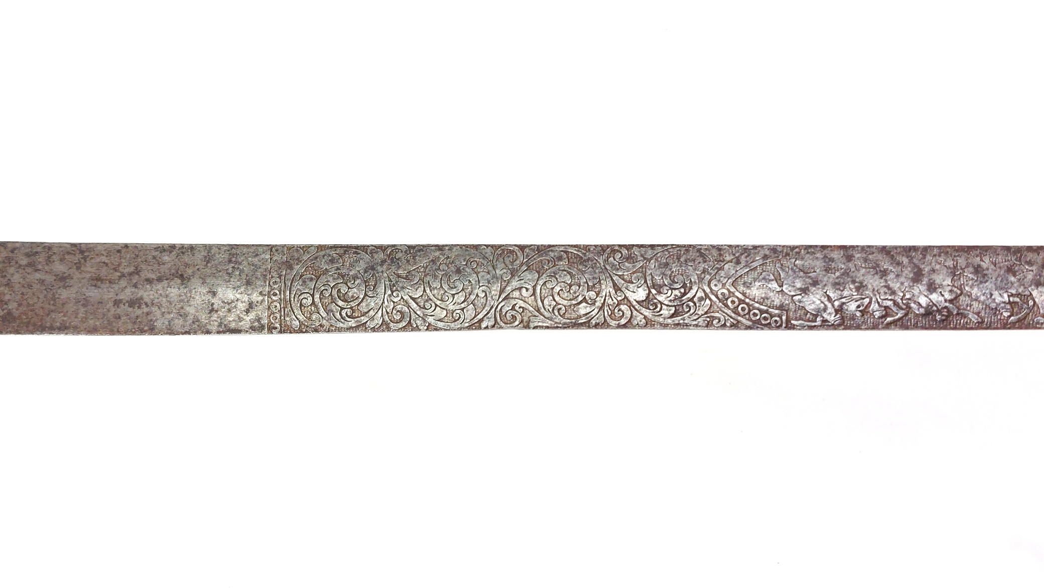 European, late 19th century, Renaissance Revival Decorative Cup-Hilt Rapier, Figural Grip, Etched Blade (3)