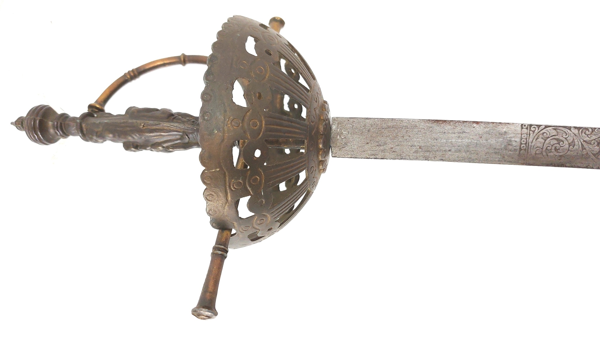European, late 19th century, Renaissance Revival Decorative Cup-Hilt Rapier, Figural Grip, Etched Blade (7)