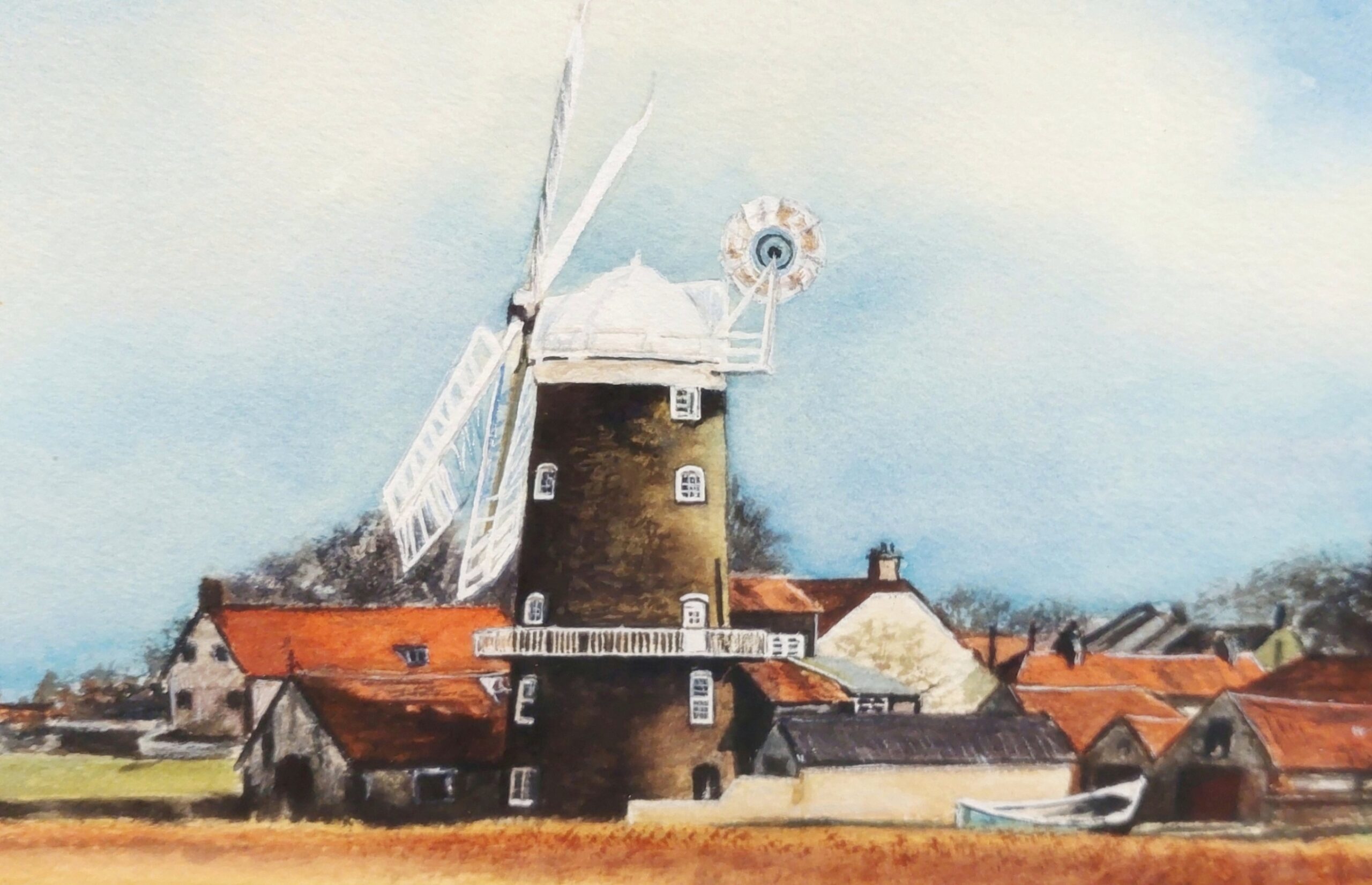 1990 Framed Watercolour Of A Windmill By Margaret Danks 2