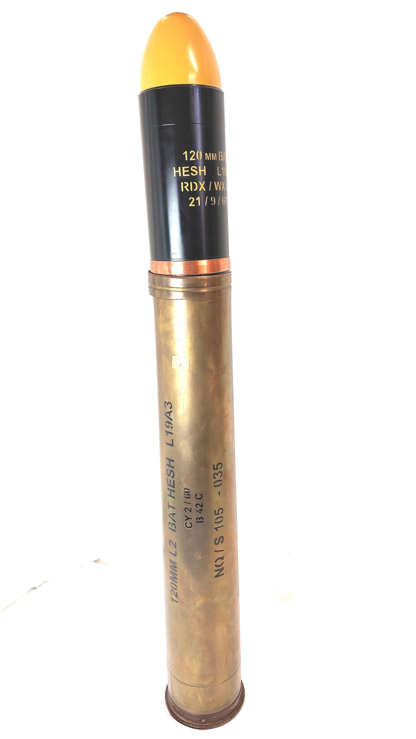 British Army, Cold War 1958–1981, 120mm WOMBAT BAT MOBAT HESH L19A3 Inert Shell & Brass Case (25)