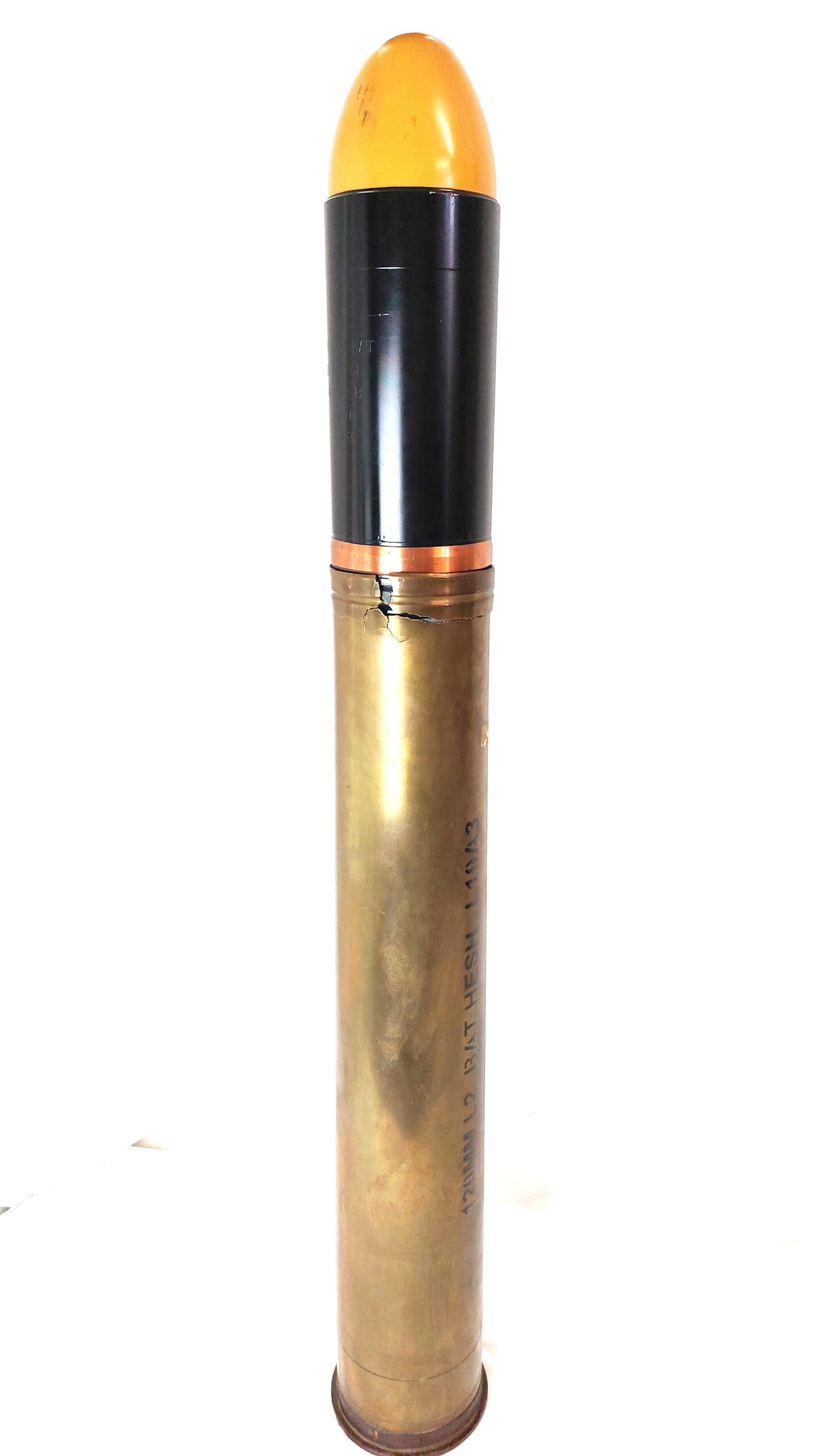 British Army, Cold War 1958–1981, 120mm WOMBAT BAT MOBAT HESH L19A3 Inert Shell & Brass Case (26)