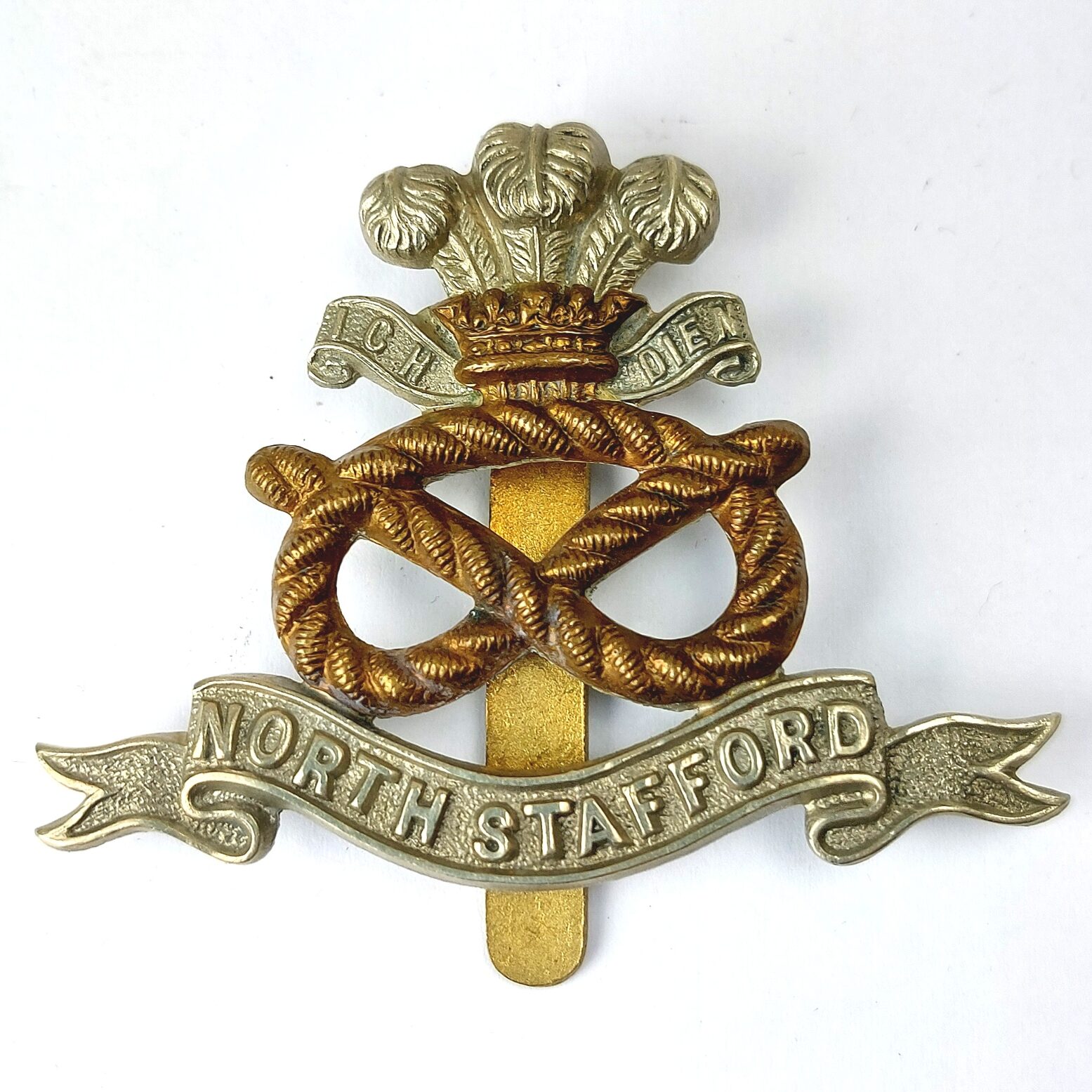 British, WW1 Era, North Staffordshire Regiment Cap Badge, Bi-Metal, Brass Slider (1)