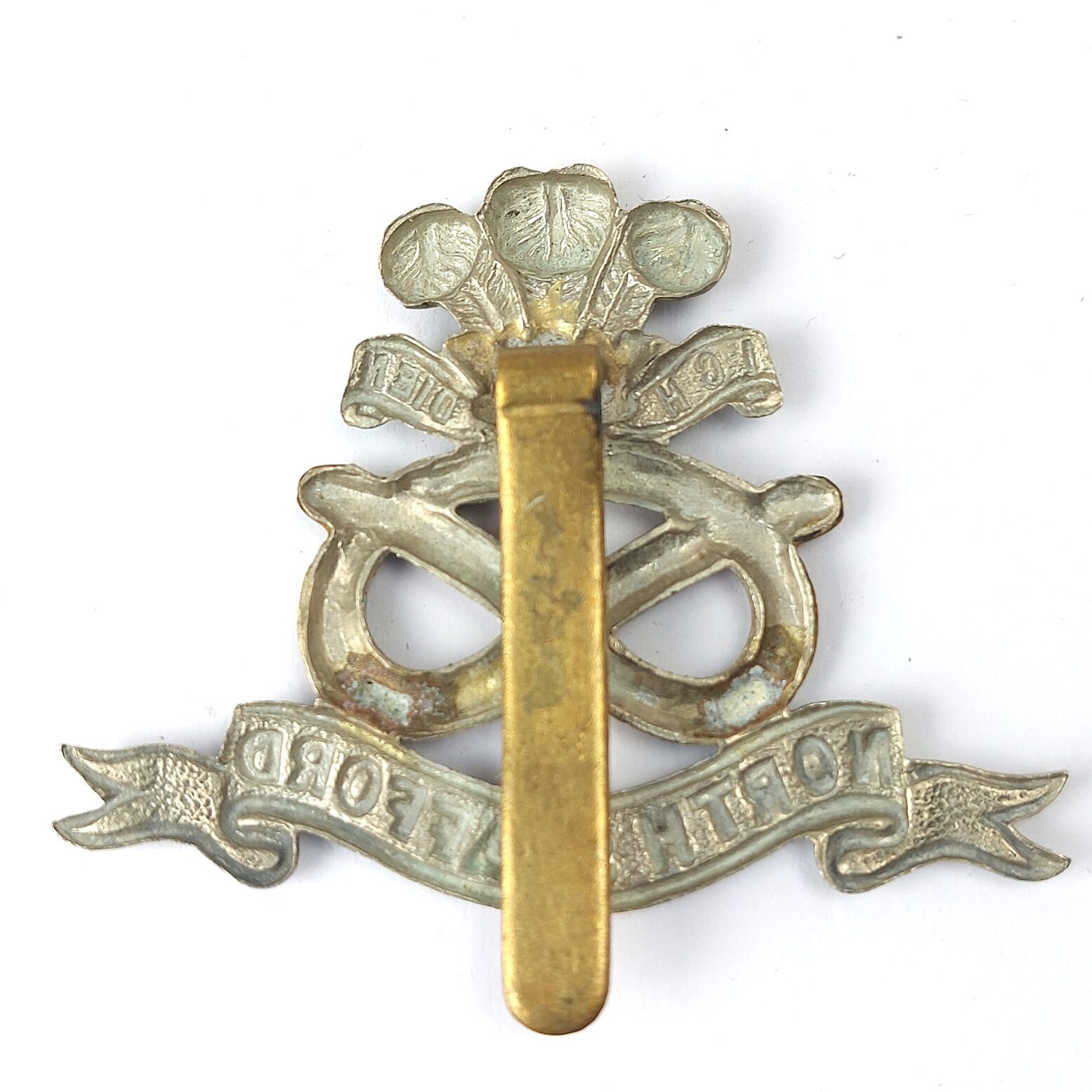 British, WW1 Era, North Staffordshire Regiment Cap Badge, Bi-Metal, Brass Slider (2)