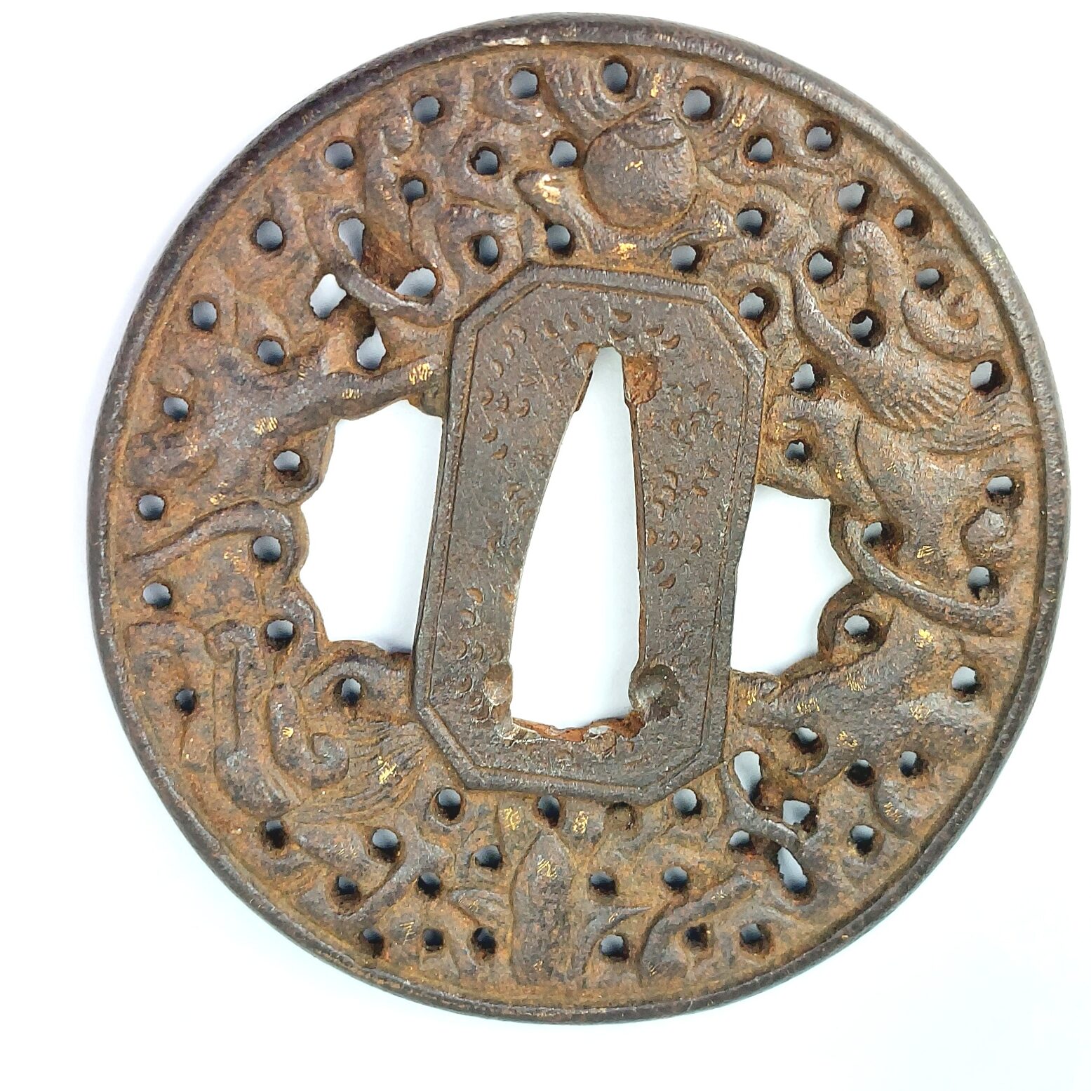 Japanese, Edo Style, Iron Sukashi Tsuba with Sword Mounting