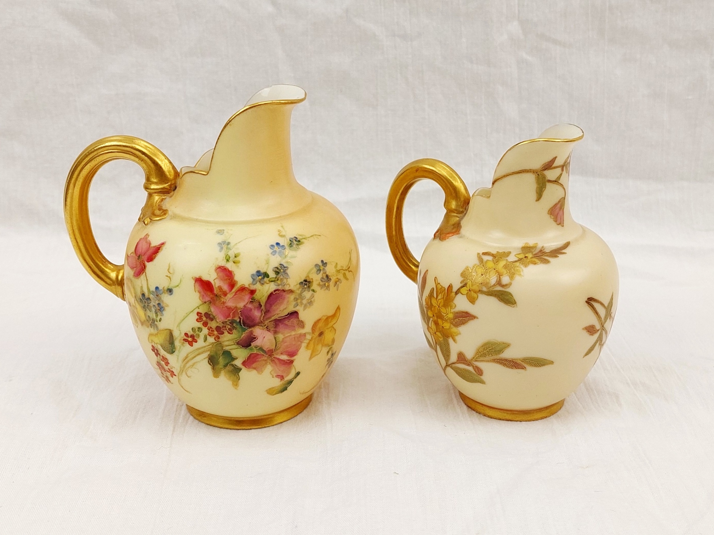 Pair Of 1904 Royal Worcester Blush Ivory And Floral Small Cream Or Milk Jugs 1