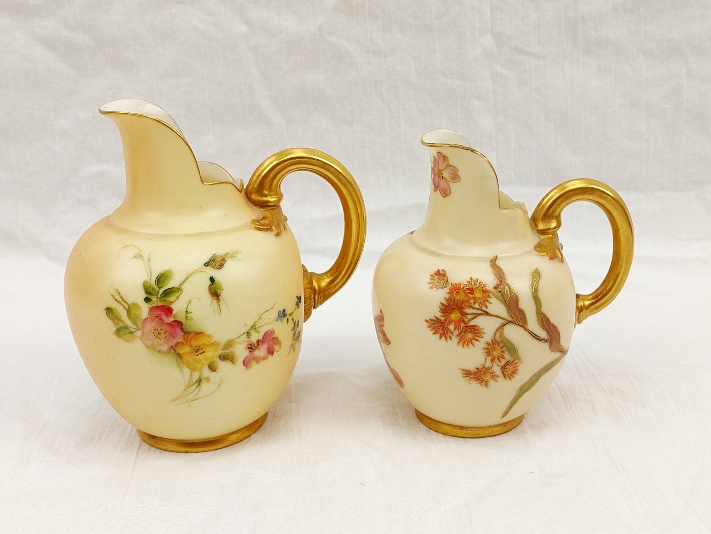 Pair Of 1904 Royal Worcester Blush Ivory And Floral Small Cream Or Milk Jugs 3