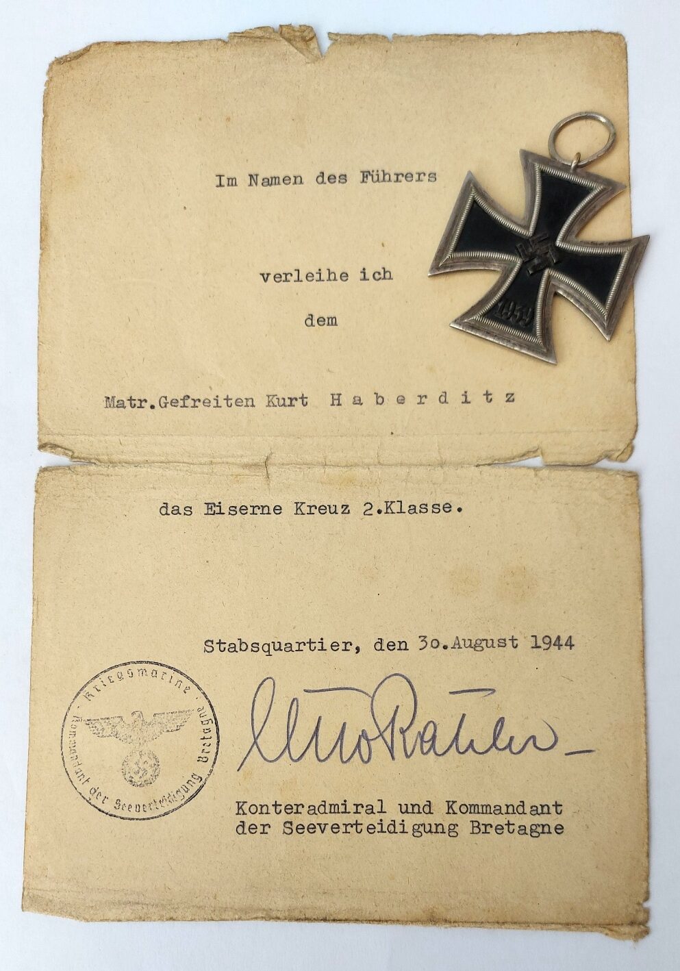 German, WW2, Iron Cross 2nd Class 1939 (Eisernes Kreuz II. Klasse) with Named Kriegsmarine Award Citation, Maker Marked “22” – Boerger & Co., Berlin