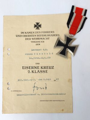 German, WW2, Iron Cross 2nd Class 1939 (Eisernes Kreuz II Klasse) Award Group to Leutnant d.R. Johann Theobald, Grenadier Regiment 239, with Named Besitzzeugnis & Original Ribbon