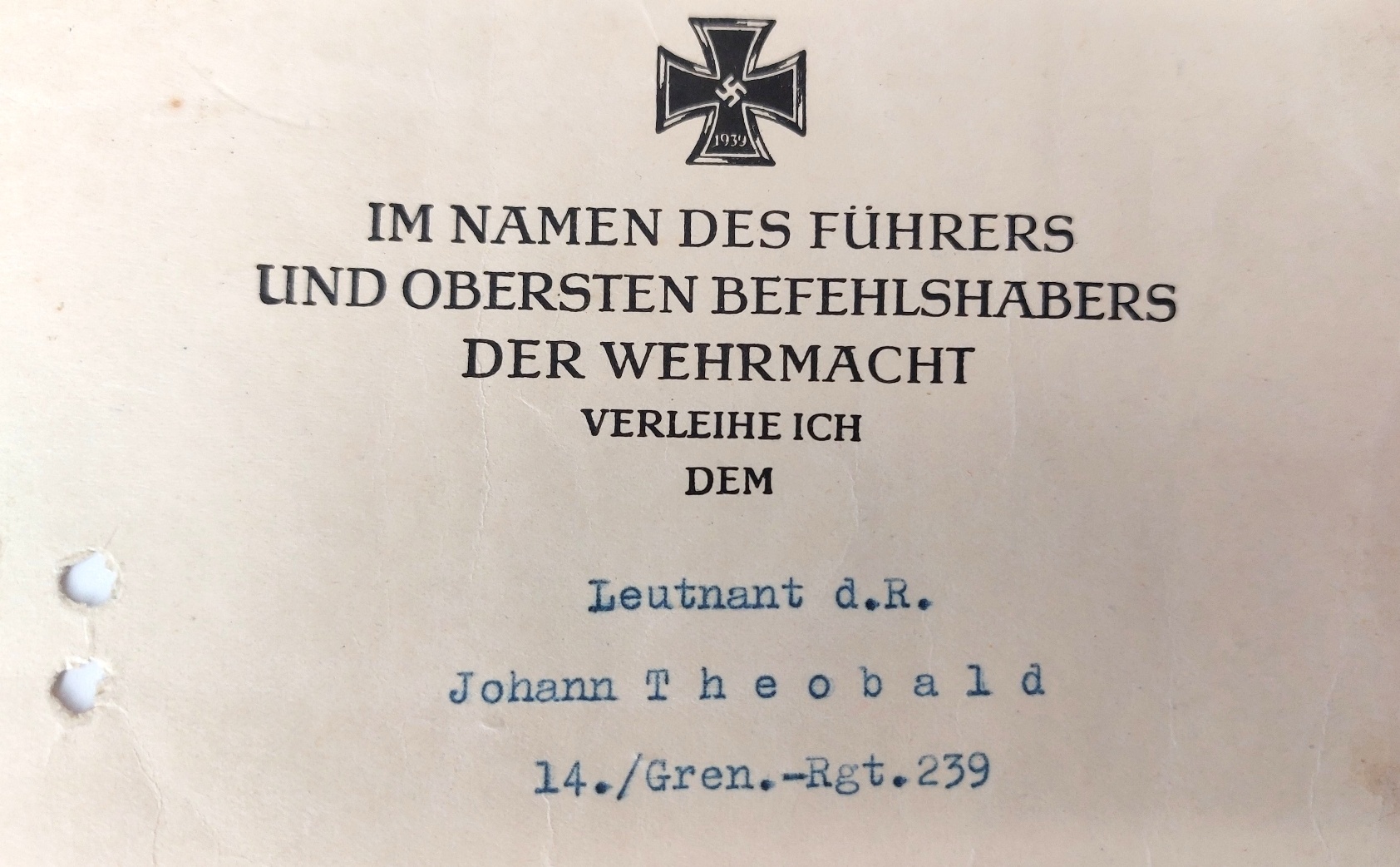 German, WW2, Iron Cross 2nd Class 1939 (Eisernes Kreuz II Klasse) Award Group to Leutnant d.R. Johann Theobald, Grenadier Regiment 239, with Named Besitzzeugnis & Original Ribbon - Image 8
