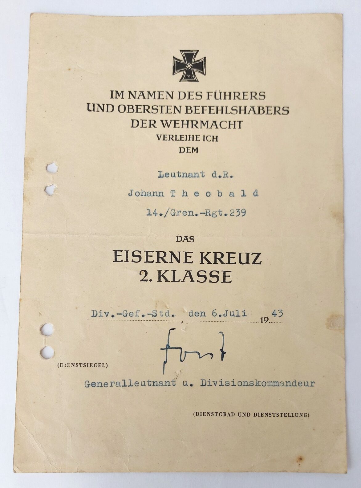 German, WW2, Iron Cross 2nd Class 1939 (Eisernes Kreuz II Klasse) Award Group to Leutnant d.R. Johann Theobald, Grenadier Regiment 239, with Named Besitzzeugnis & Original Ribbon - Image 7