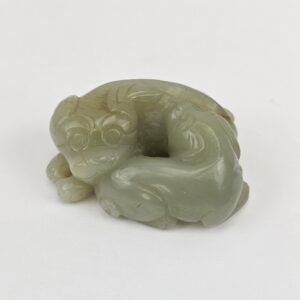 Chinese Qing Dynasty Pale Celadon Nephrite Jade Toggle of Two Interlocking Foo Dogs, 18th to 19th Century