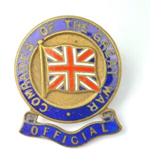 British, WW1–Early Interwar, Comrades of the Great War “Official” Enamel Lapel Badge with Scroll – J.R. Gaunt London – Early Number 1195
