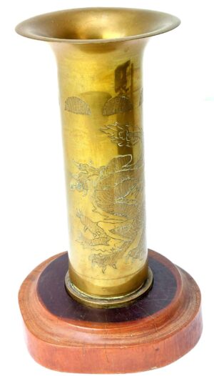 British/Canadian, WW2 - 1944 Dated, 40mm Bofors Trench Art Shell Vase, PP/C Pedlar People Ltd. Canada – Far Eastern Dragon Engraving – Mounted Display Piece