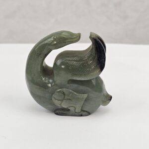 Chinese Qing Dynasty Dark Green Nephrite Jade Carving of a Goose and Gosling with Lotus, 18th to 19th Century