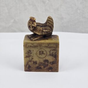 Chinese Steatite Seal Stone, Year of the Rooster Zodiac Theme with Cockerel Finial, Qing Dynasty, 19th–Early 20th Century