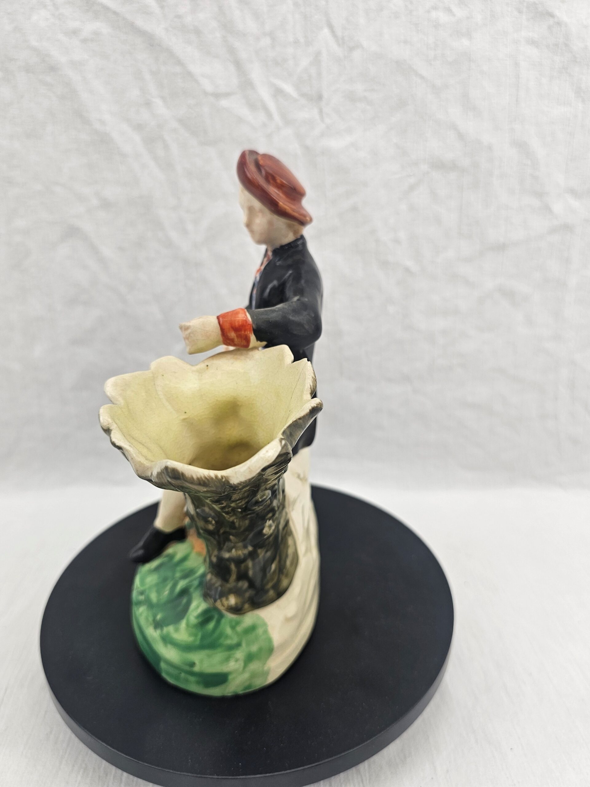 Victorian Staffordshire Earthenware Figural Spill Vase, Seated Youth in Pastoral Costume with Rake, circa 1850–1875 (2)