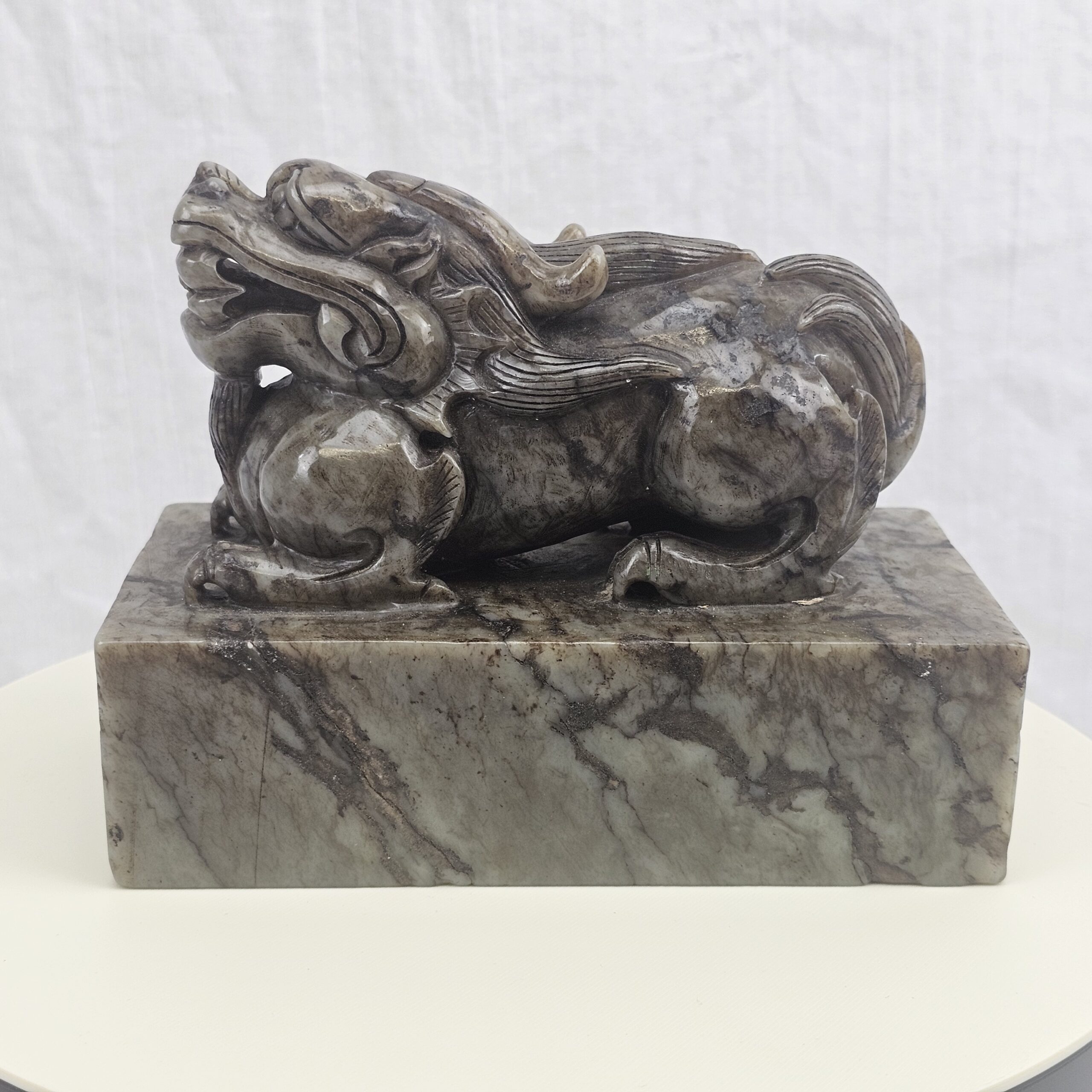 Carved Nephrite Jade Seal Surmounted by Buddhist Lion with Cub and Brocade Ball, Chinese, Republic Period