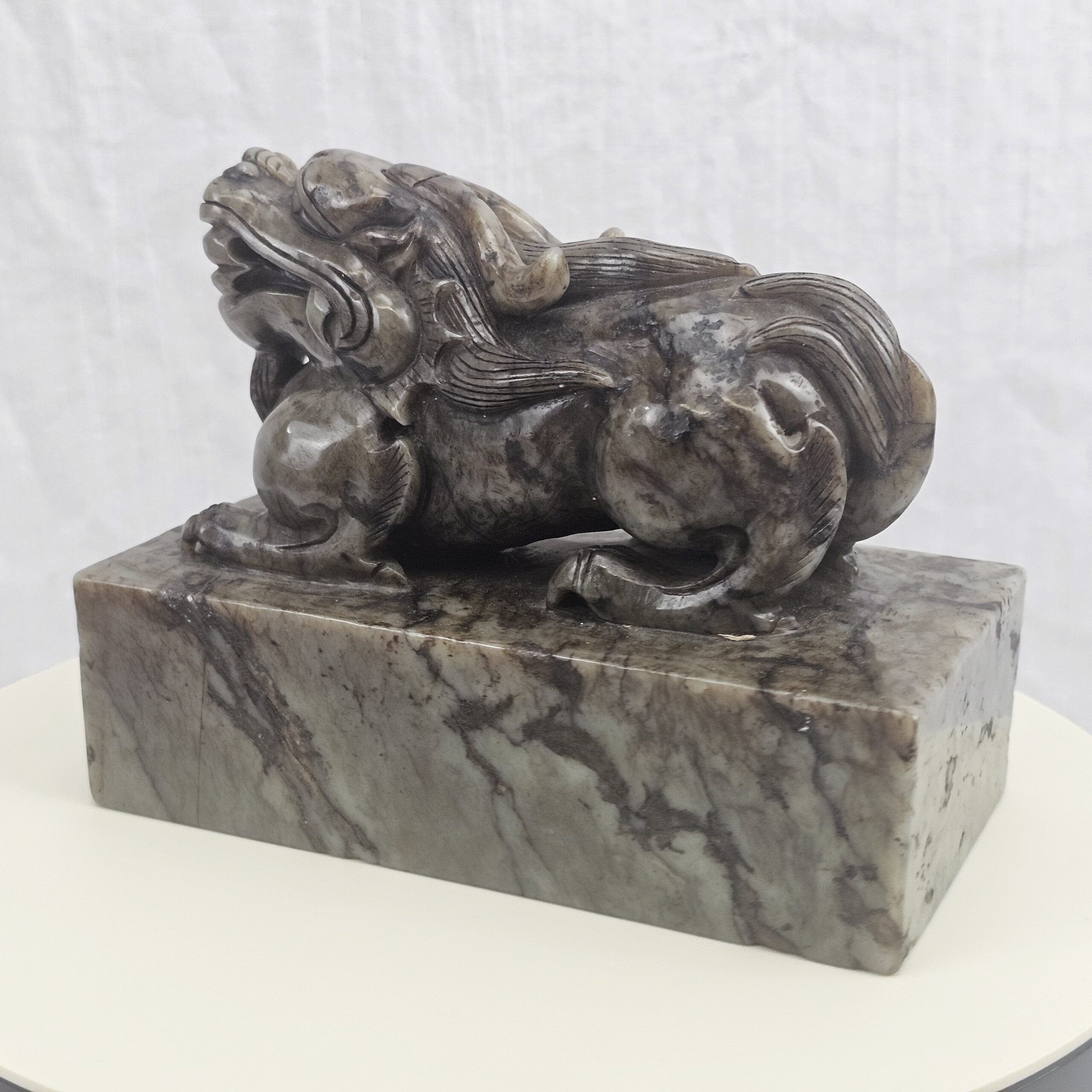 Carved Nephrite Jade Seal Surmounted by Buddhist Lion with Cub and Brocade Ball, Chinese, Republic Period - Image 2