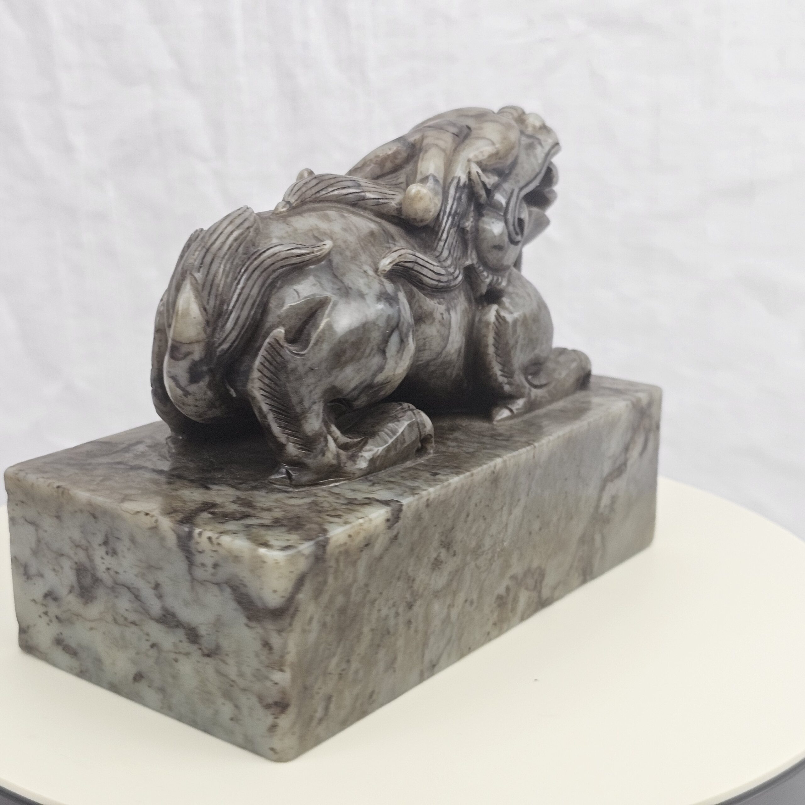 Carved Nephrite Jade Seal Surmounted by Buddhist Lion with Cub and Brocade Ball, Chinese, Republic Period - Image 4