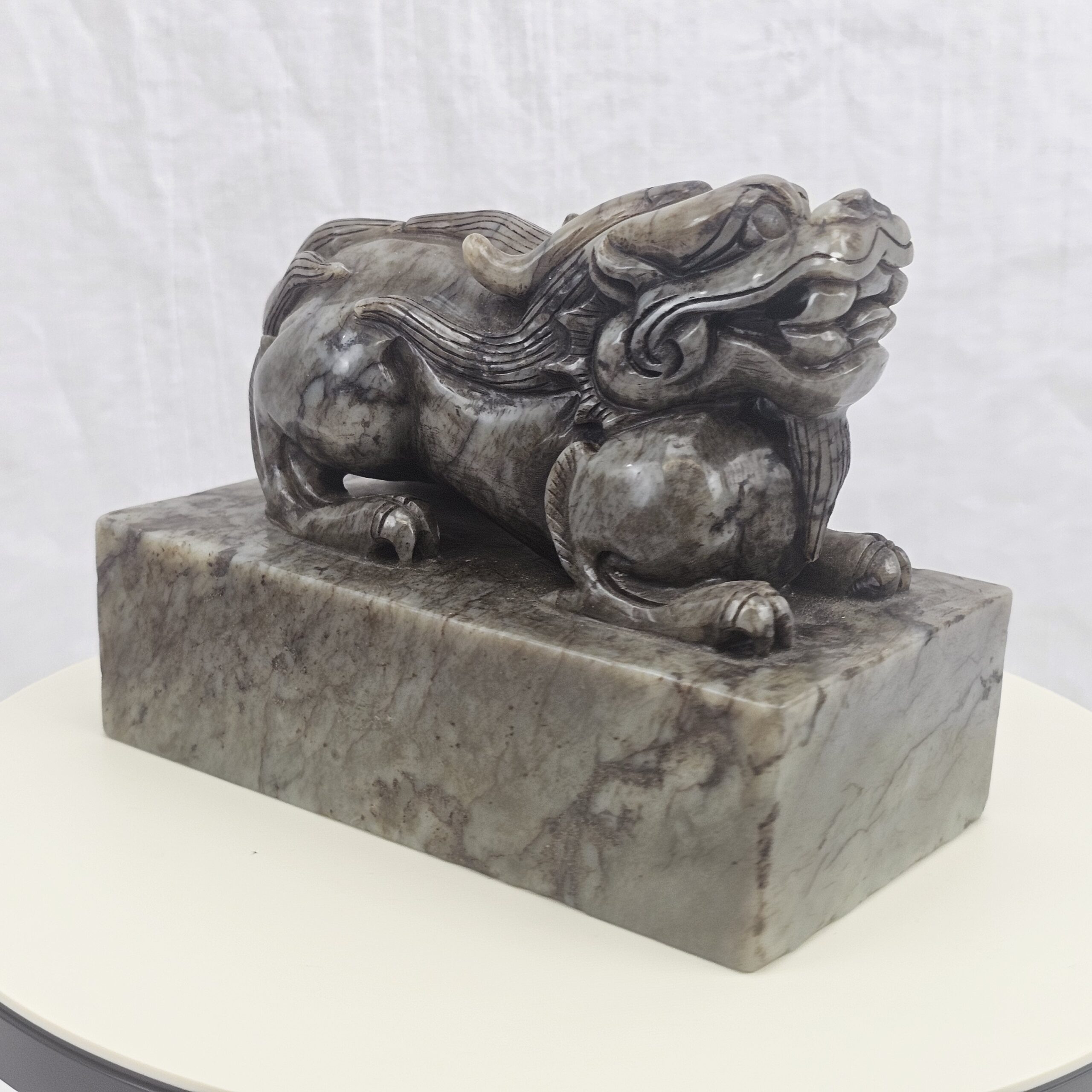 Carved Nephrite Jade Seal Surmounted by Buddhist Lion with Cub and Brocade Ball, Chinese, Republic Period - Image 6