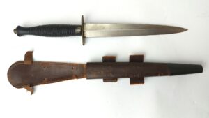 British, Post-War / Cold War Era, Third Pattern Fairbairn-Sykes Commando Fighting Knife with Leather Sheath