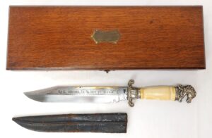 British, Victorian - Dated 1886, Sheffield Presentation Bowie Knife by E. Etres & Co., Hallmarked Silver Mounted, Ivory Grip, Horse Head Pommel, Original Scabbard & Oak Case with Ivory Exemption Certificate