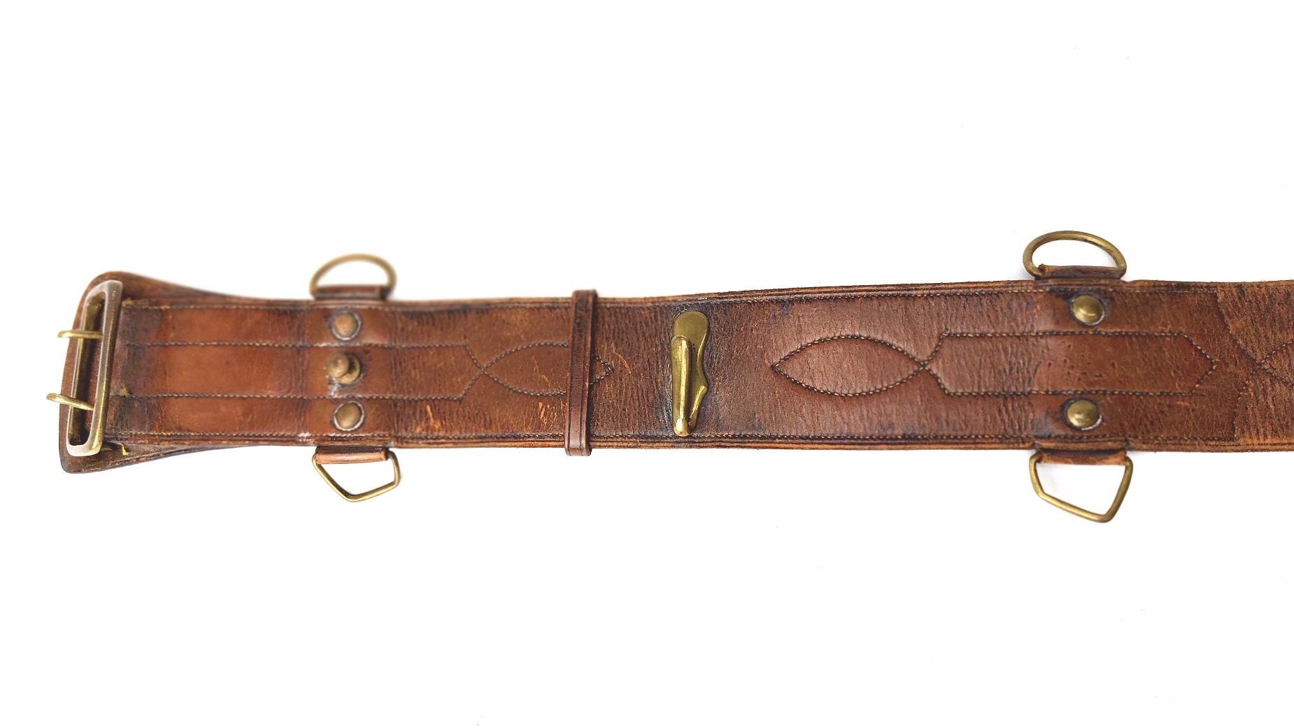 British, Early to Mid-20th Century, Leather Sam Browne Waist Belt Named to Captain G.N. Rayson, R. (3)