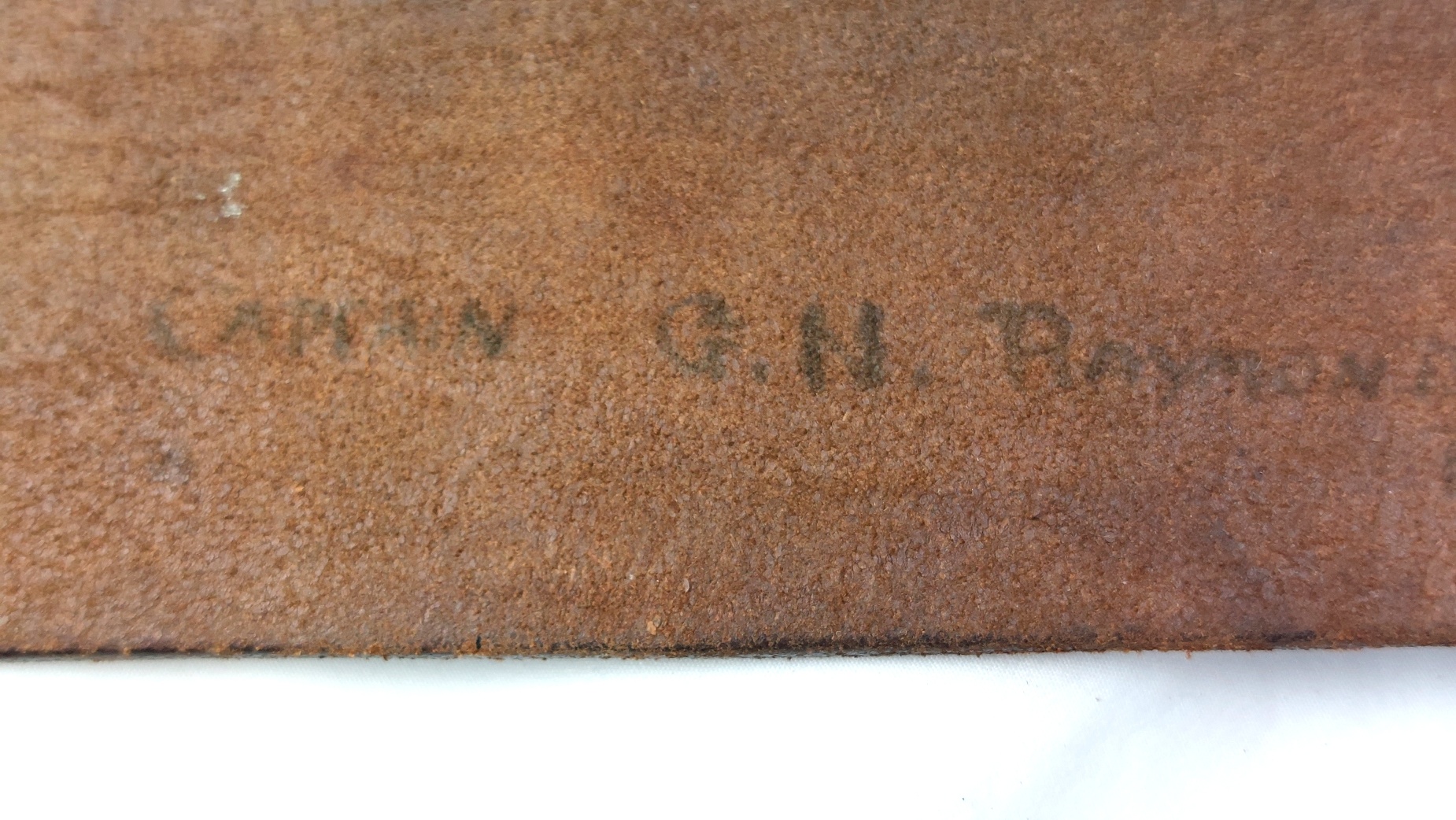 British, Early to Mid-20th Century, Leather Sam Browne Waist Belt Named to Captain G.N. Rayson, R. (7)