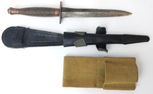 British, Post-WW2, Fairbairn-Sykes 3rd Pattern Commando Fighting Knife by William Rodgers, Sheffield, with Leather Sheath and Canvas Frog