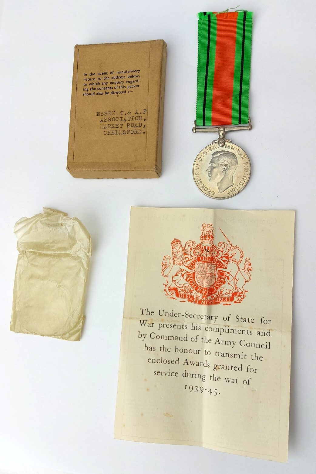 British, WW2, Defence Medal with Original Issue Box and Paperwork to H.G. Surridge of R