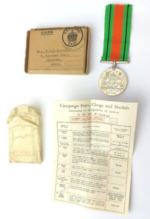 British, WW2, Defence Medal with Original Issue Box and Paperwork to H.G. Surridge of Romford, Essex