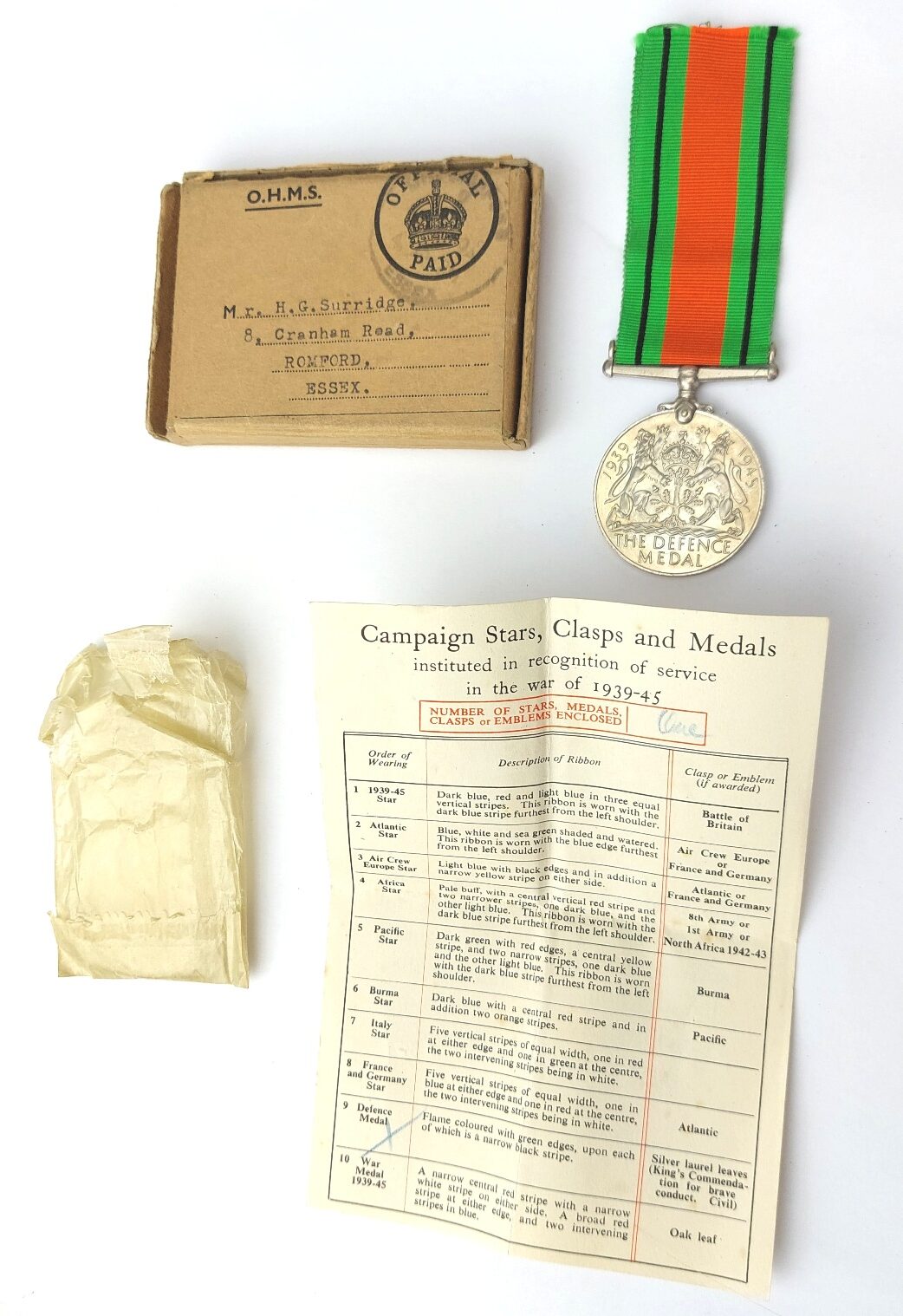 British, WW2, Defence Medal with Original Issue Box and Paperwork to H.G. Surridge of Rom (1)