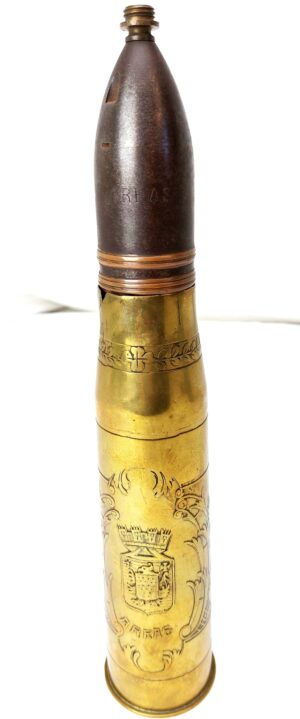 French, WW1 - dated 15 May 1914, Trench Art 37mm Hotchkiss Shell Case with Inert Projectile, Engraved “Arras”