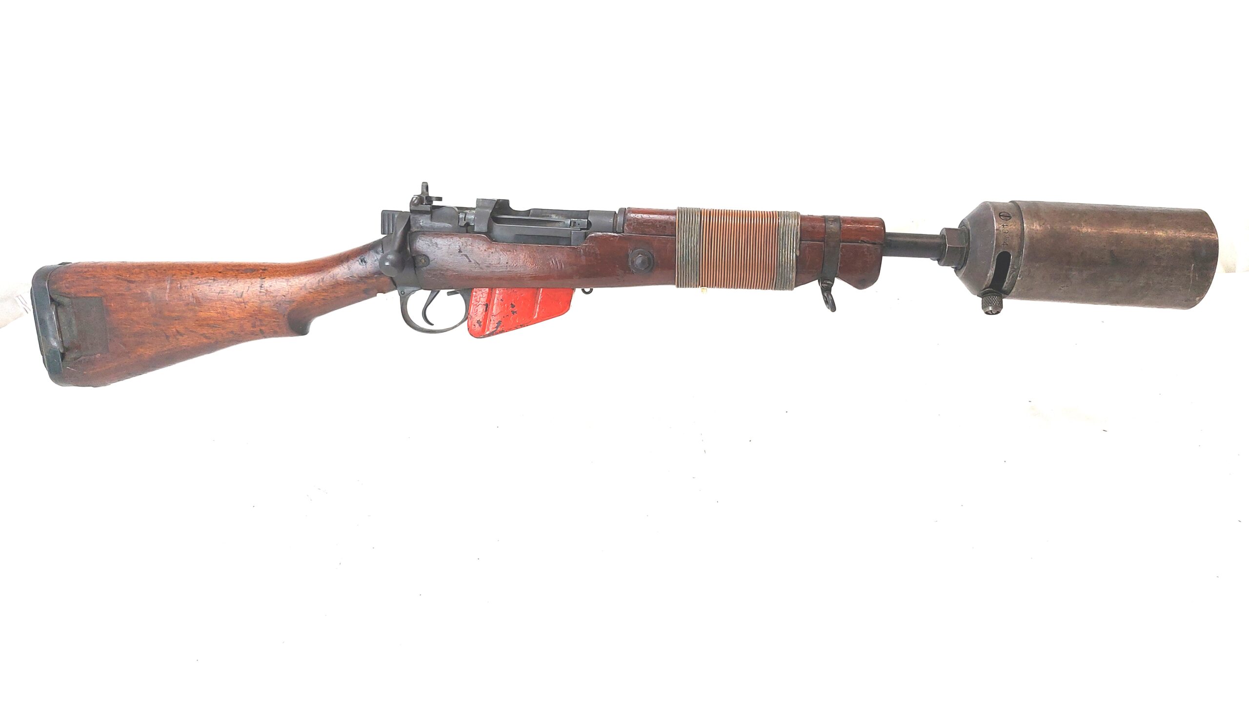 British, WW2-1944, No.4 Mk I Lee-Enfield Rifle Grenade Launcher, ROF Maltby, Serial No. BU12685, Original No.3 Mk I Cup Discharger, Wire-Reinforced Fore-end, Cocking & Dry-Firing, UK Deactivated