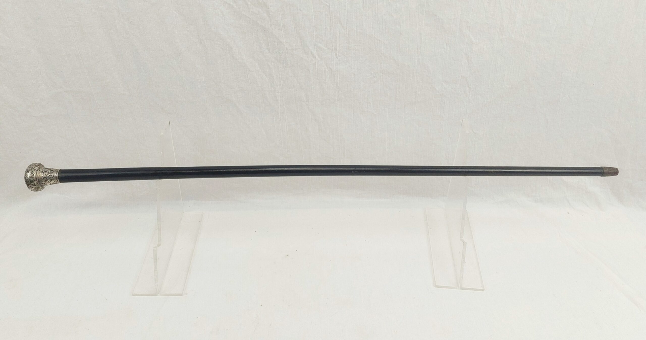 Birmingham 1912 Sterling Silver Pommel Tipped Eboninsed Wood Walking Cane