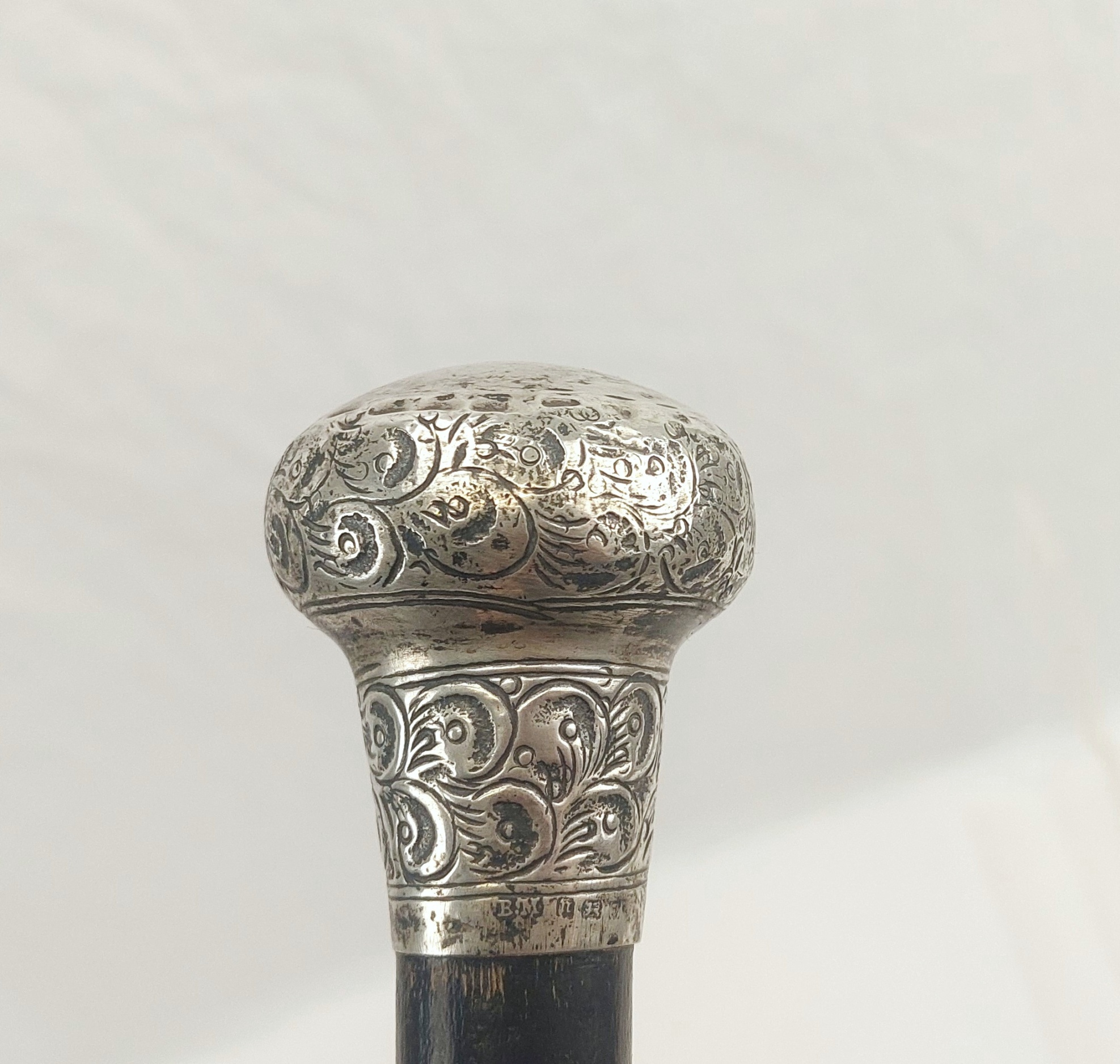 Birmingham 1912 Sterling Silver Pommel Tipped Eboninsed Wood Walking Cane - Image 9