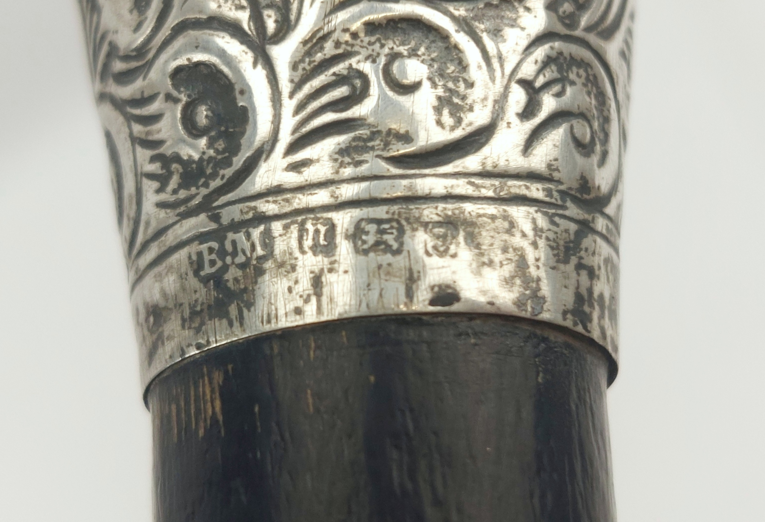 Birmingham 1912 Sterling Silver Pommel Tipped Eboninsed Wood Walking Cane - Image 5