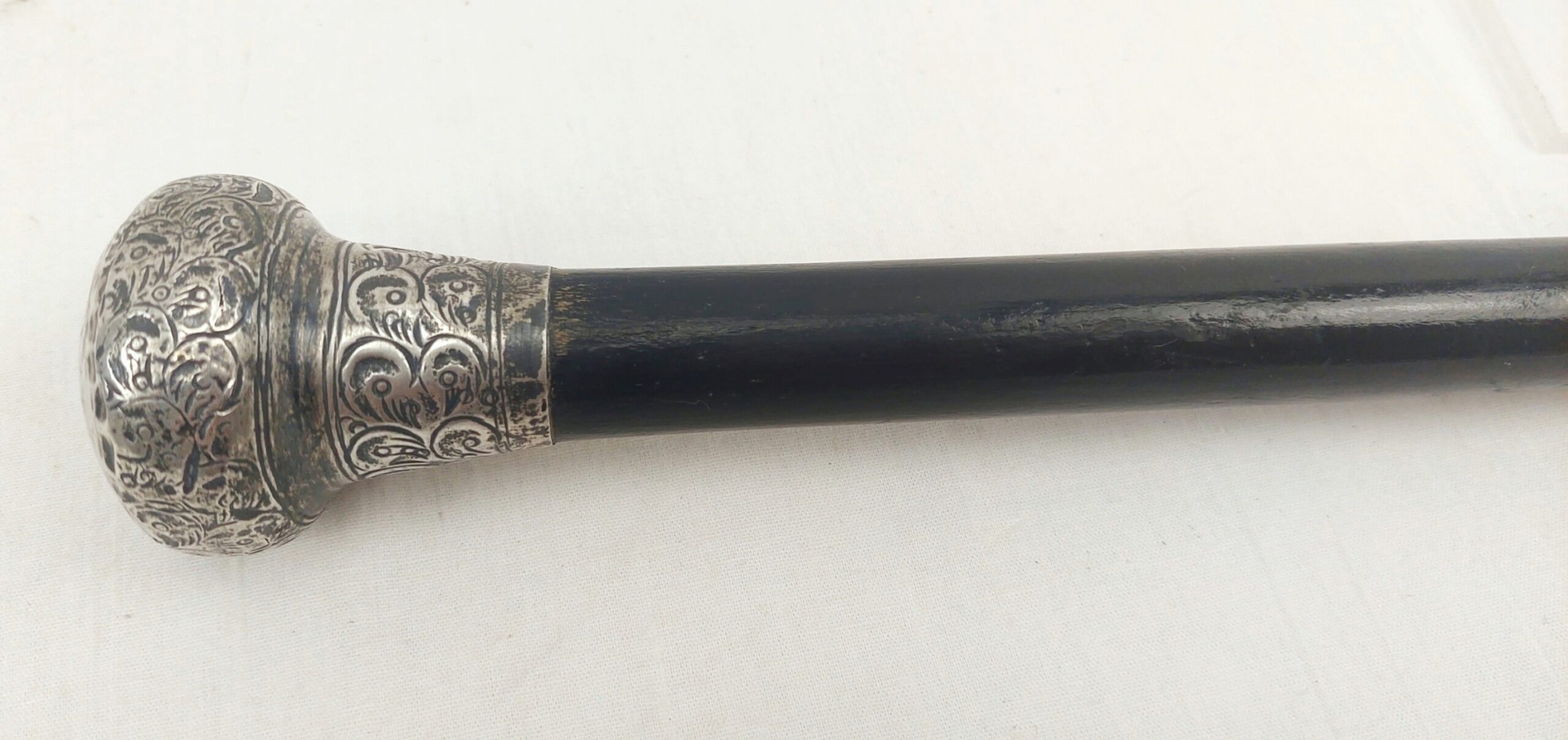 Birmingham 1912 Sterling Silver Pommel Tipped Eboninsed Wood Walking Cane - Image 2