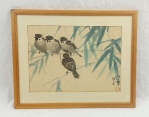 Framed 1950s Chinese Watercolour Of Songbirds