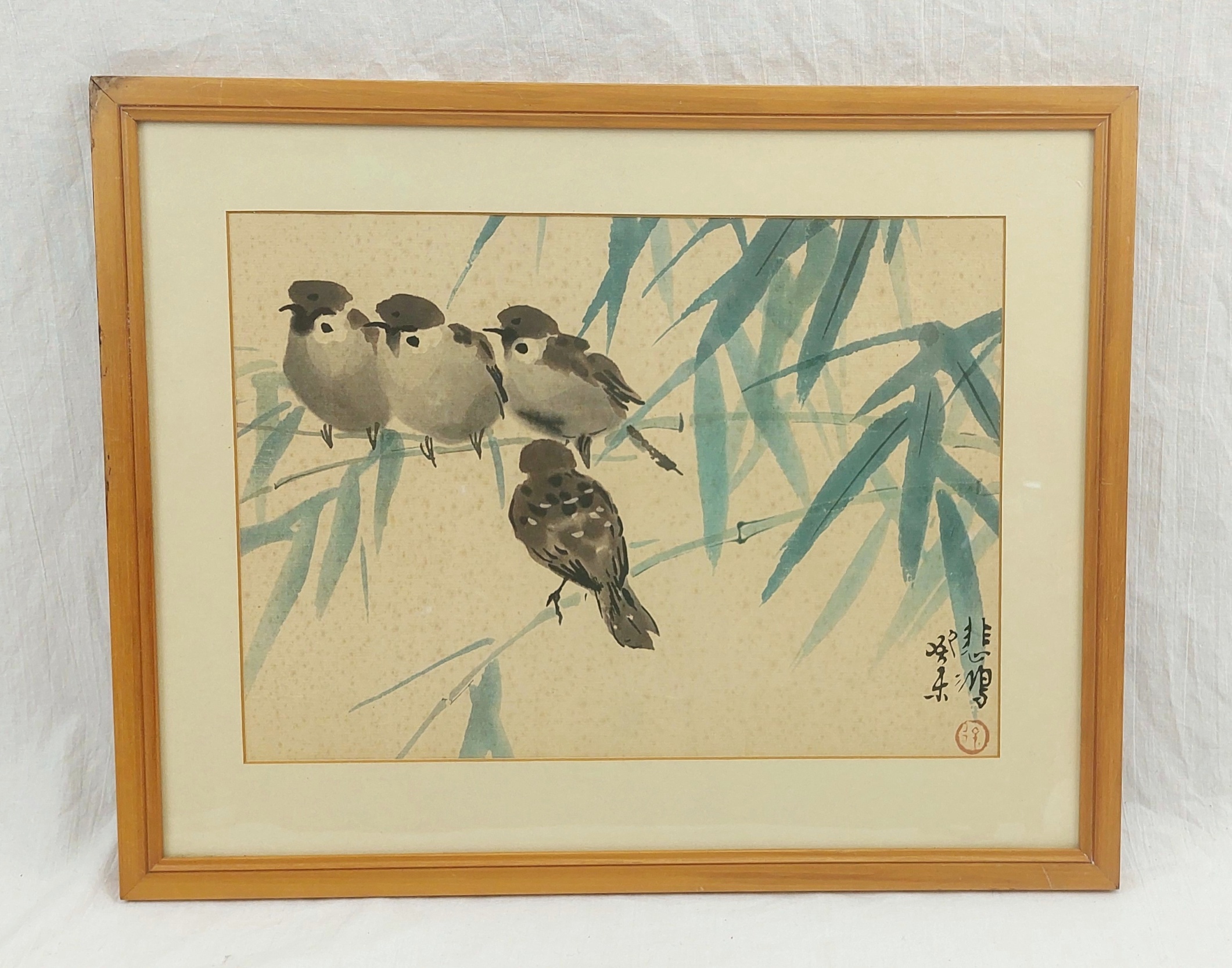 Framed 1950s Chinese Watercolour Of Songbirds