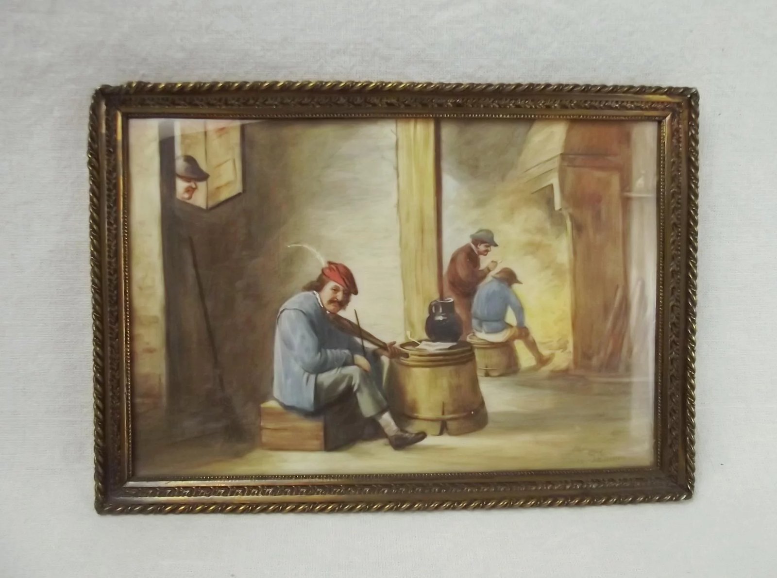 Framed Miniature Painting Of A Tavern Scene After David Teniers The Younger