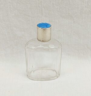 Art Deco Cut Glass Perfume Bottle with White Metal and Guilloche Enamel Stopper