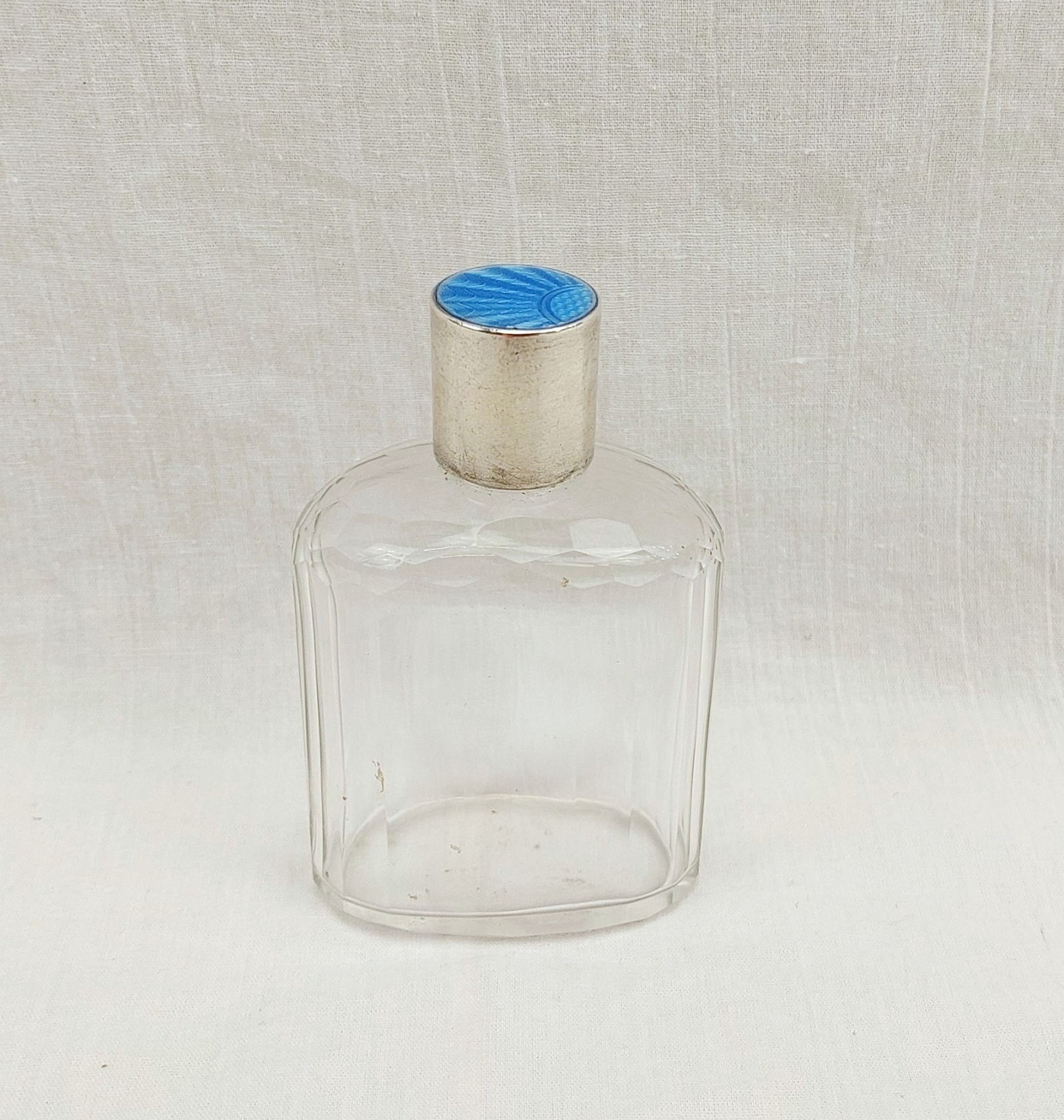 Art Deco Cut Glass Perfume Bottle with White Metal and Guilloche Enamel Stopper