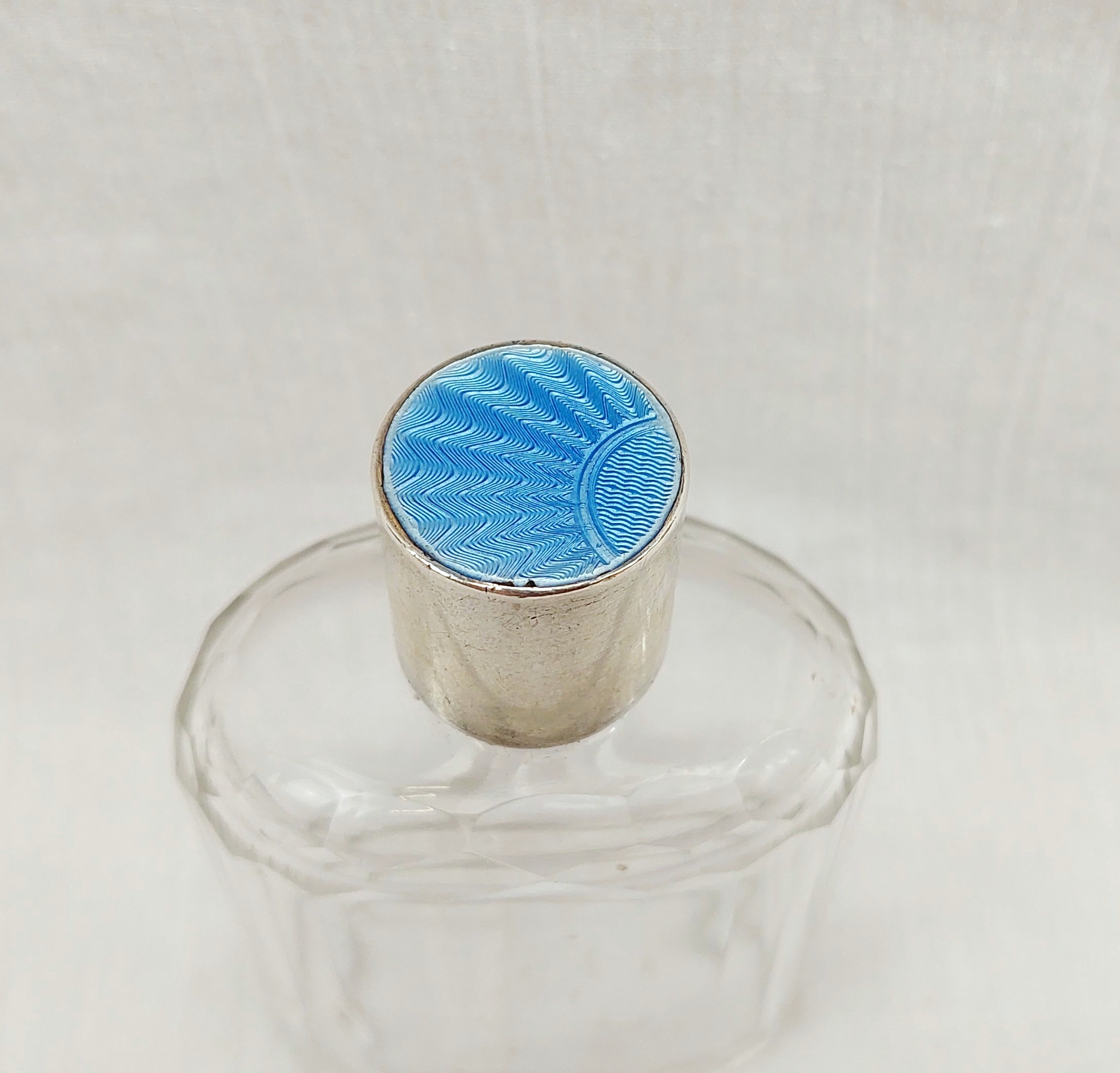 Art Deco Cut Glass Perfume Bottle with White Metal and Guilloche Enamel Stopper - Image 2