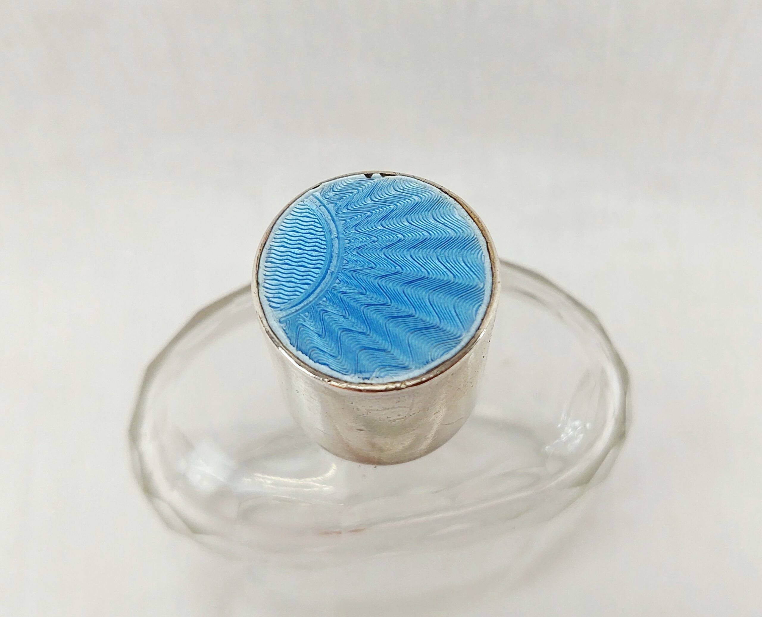 Art Deco Cut Glass Perfume Bottle with White Metal and Guilloche Enamel Stopper - Image 4