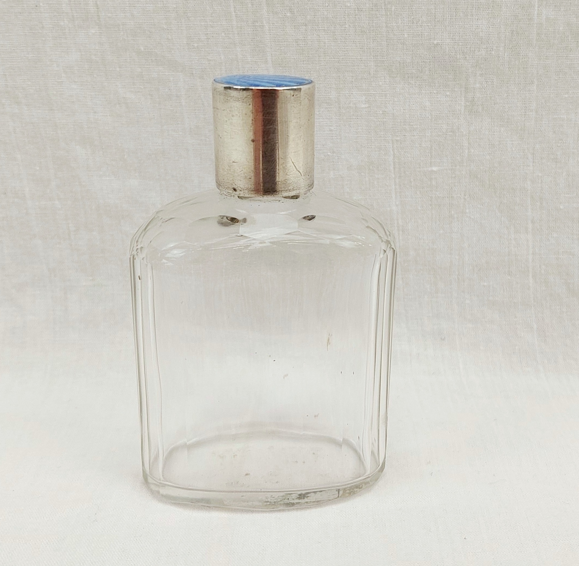 Art Deco Cut Glass Perfume Bottle with White Metal and Guilloche Enamel Stopper - Image 5