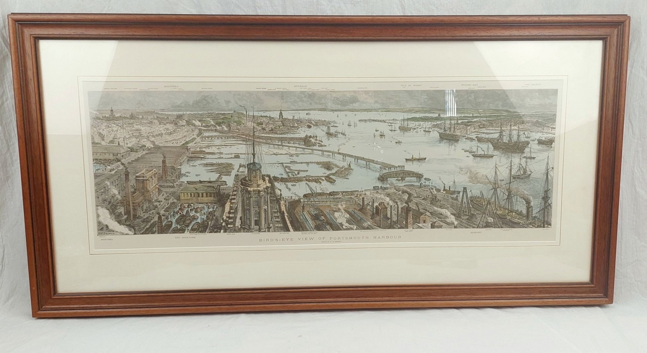Hand Coloured Print ‘Birds Eye View of Portsmouth Harbour’ after H.W. Brewer